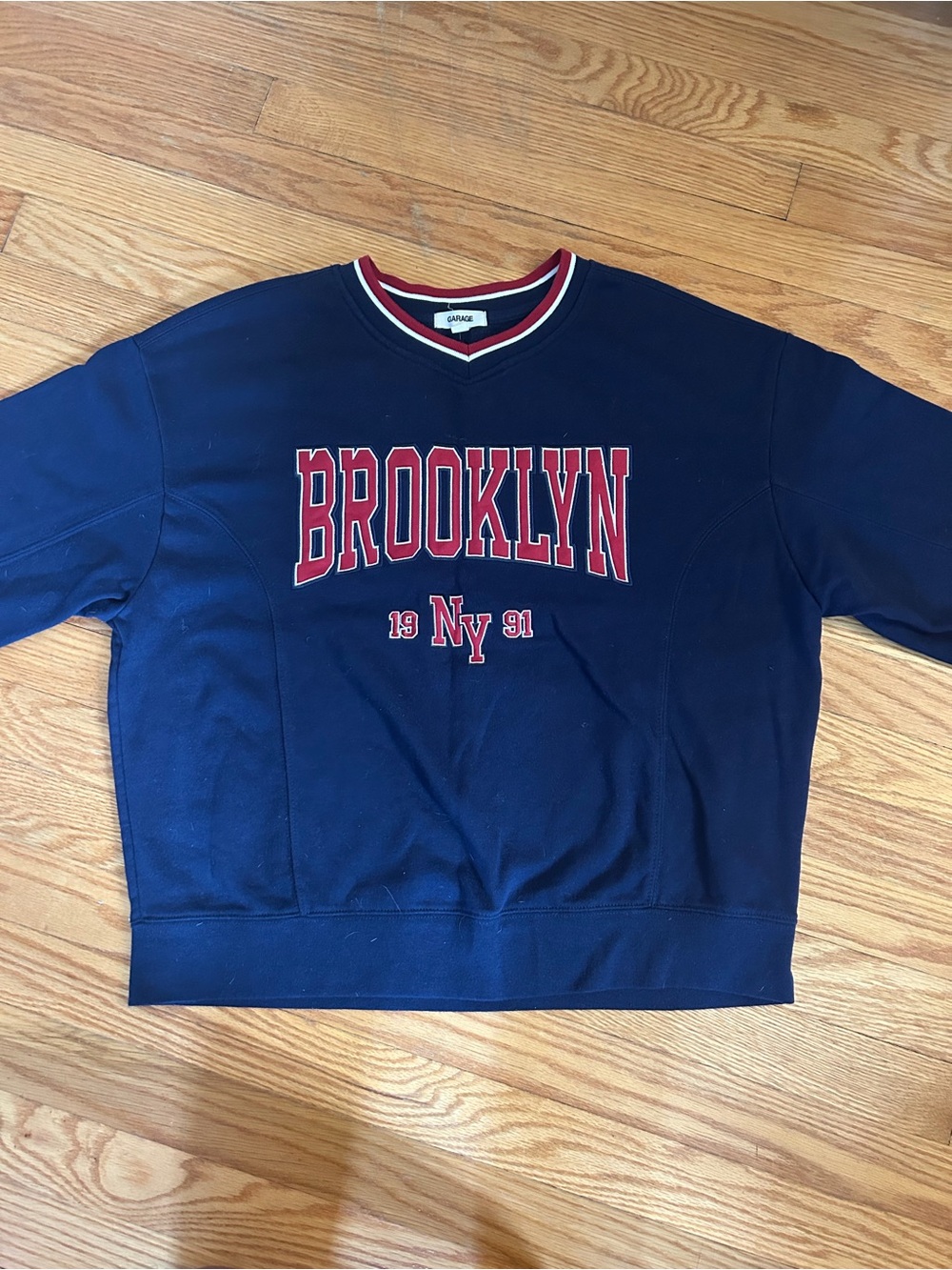 Garage Navy Crewneck Sweater with Red 'BROOKLYN' Lettering